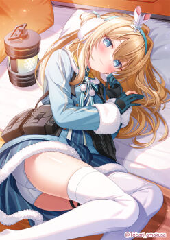 1girl amakusa_tobari blonde_hair blue_eyes blue_jacket blush closed_mouth earmuffs feet_out_of_frame fur-trimmed_jacket fur_trim girls&#039;_frontline girls&#039;_frontline_2:_exilium hair_intakes hair_ornament indoors jacket light_smile long_hair looking_at_viewer lying on_bed on_side panties pom_pom_(clothes) snowflake_hair_ornament solo suomi_(girls&#039;_frontline) suomi_(girls&#039;_frontline_2) thighhighs twitter_username underwear white_panties white_thighhighs