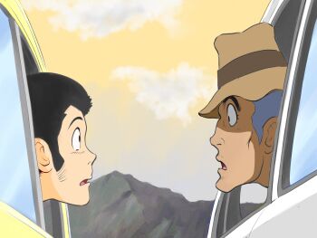 2boys arsene_lupin_iii black_hair cloud cockpit commentary_request eye_contact goekakisan_(adelma) hat highres long_sideburns looking_at_another lupin_iii male_focus mountain multiple_boys open_mouth orange_sky parody profile retro_artstyle scene_reference short_hair sideburns sky yellow_sky zenigata_kouichi