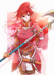 Rule 34 | 1girl, armor, axe, breastplate, closed mouth, commentary request, cowboy shot, fire emblem, fire emblem: path of radiance, gloves, highres, hip armor, holding, holding axe, jill (fire emblem), long hair, long sleeves, nintendo, ponytail, red eyes, red hair, shoulder armor, smile, solo, twitter username, yutohiroya