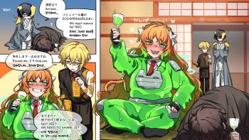 1girl 3boys absinthe absurdres akantai arm_up armor black_gloves black_hair blonde_hair blush bow brown_cloak brown_hair brown_hairband cloak collared_shirt commentary_request cup drunk e.g.o_(project_moon) english_text engrish_text fainted fingerless_gloves gloves gradient_hair green_armor green_eyes green_hair hair_bow hairband heathcliff_(project_moon) highres holding holding_cup ishmael_(project_moon) korean_text limbus_company long_hair looking_at_viewer mixed-language_text multicolored_hair multiple_boys necktie orange_hair project_moon ranguage red_necktie red_sheet_(e.g.o) rope shirt sidelocks sinclair_(project_moon) sitting slime_(substance) sloshing_(e.g.o) speech_bubble spicebush_(e.g.o) sunshower_(e.g.o) technology_liberation_alliance_(identity)_(project_moon) very_long_hair white_bow white_shirt yellow_eyes yi_sang_(project_moon)