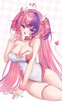 1girl absurdres ahoge bow breasts choker commentary demcheg demon_girl demon_horns demon_tail earrings fang frills hair_ornament head_wings heart heart_ahoge heart_hair_ornament heart_wand highres horns indie_virtual_youtuber ironmouse ironmouse_(race_queen) jewelry large_breasts leotard long_hair looking_at_viewer multicolored_hair pink_bow pink_choker pink_hair purple_eyes purple_hair race_queen short_twintails sitting skin_fang smile solo streaked_hair tail thigh_strap thighs twintails untranslatable_commentary virtual_youtuber white_background white_horns white_leotard wings