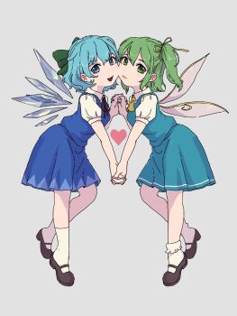 2girls an-chan_(ananna0315) ascot blue_dress blue_eyes blue_hair bow bowtie brown_shoes cheek-to-cheek cirno commentary_request daiyousei detached_wings dress fairy_wings full_body green_eyes green_hair green_ribbon grey_background hair_bow hair_ribbon hair_tie heads_together heart highres holding_hands ice ice_wings looking_at_viewer mary_janes multiple_girls open_mouth puffy_short_sleeves puffy_sleeves red_bow red_bowtie ribbon shirt shoes short_sleeves side_ponytail smile socks touhou white_shirt white_socks wings yellow_ascot