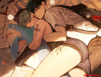 Rule 34 | 2boys, alien stage, anger vein, arm tattoo, black arm warmers, black bag, black hair, black hat, closed eyes, commentary request, cross tattoo, fang, green eyes, grey hair, hat, highres, ivan (alien stage), lying, male focus, male underwear, multiple boys, on side, one eye closed, pome memen, shirt, sleeping, spoken anger vein, stuffed animal, stuffed shark, stuffed toy, tattoo, till (alien stage), underwear, white shirt, yaoi