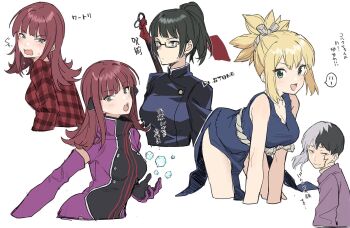 1boy 3girls asagiri_gen black_hair blonde_hair breasts character_request cleavage closed_mouth dr._stone dress highres jujutsu_kaisen kohaku_(dr._stone) looking_at_viewer multicolored_hair multiple_girls open_mouth ponytail short_hair simple_background smile teshima_nari white_background white_hair