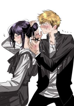 1boy 1girl black_dress black_jacket black_pants blonde_hair blush busuttt chainsaw_man denji_(chainsaw_man) dress gakuran hair_over_one_eye hair_tie hand_in_own_hair highres holding holding_hair_tie jacket kuromi light_smile medium_hair pants pinafore_dress purple_hair reze_(chainsaw_man) sanrio school_uniform shirt short_hair sleeveless sleeveless_dress sweatdrop updo white_background white_shirt