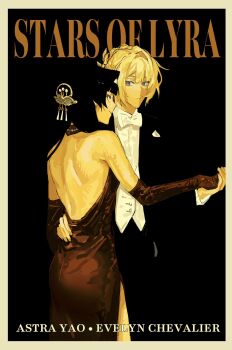 2girls alternate_costume astra_yao backless_dress backless_outfit bare_shoulders black_background black_hair black_suit border bow bowtie brown_border character_name closed_mouth cowboy_shot dress elbow_gloves english_text evelyn_chevalier formal_clothes from_behind gloves hairband hand_on_another&#039;s_back hashtag-only_commentary highres holding_hands long_hair looking_at_another looking_at_viewer looking_back mole mole_on_arm multiple_girls purple_eyes red_dress red_gloves sanguinegaze shoulder_blades sideways_glance suit white_bow white_bowtie white_hairband yuri zenless_zone_zero