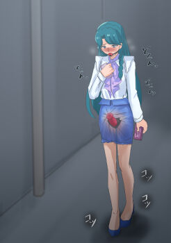Rule 34 | 1girl, ball gag, blue eyes, blue hair, blush, braid, breath, bulge, dildo, embarrassed, erection, erection under clothes, gag, gagged, go! princess precure, kaidou minami, long hair, pantyhose, pencil skirt, precure, raitaroo, sex toy, shirt, skirt, solo, sound effects, strap-on, sweat, vibrator, walking, wiffle gag, x-ray
