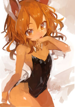 1girl absurdres alternate_hairstyle animal_ears bare_shoulders black_leotard brown_eyes brown_hair detached_collar hair_down hand_to_own_mouth highres inazuma_(kancolle) kaamin_(mariarose753) kantai_collection leotard medium_hair open_mouth playboy_bunny rabbit_ears solo strapless strapless_leotard wavy_hair