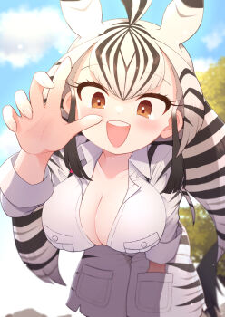 1girl animal_ears animal_print black_hair blush breasts cargo_shorts chapman&#039;s_zebra_(kemono_friends) cleavage extra_ears highres kemono_friends kitsunetsuki_itsuki large_breasts long_hair long_sleeves looking_at_viewer multicolored_hair multiple_girls open_mouth pov reaching reaching_towards_viewer shirt shorts smile solo striped_hair tail two-tone_hair white_hair zebra_ears zebra_girl zebra_print zebra_tail