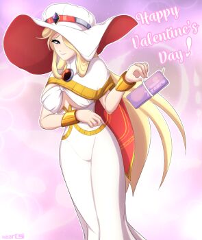 android armor axasempai berkana_(mega_man) blonde_hair blue_eyes bracelet breasts bubble capcom cape capelet chest_jewel corset dress gift gradient_background hair_over_one_eye hair_over_shoulder hand_up happy_valentine hat hat_over_one_eye highres jeweled_hat jewelry joints large_breasts large_hat light_blush light_smile lipstick long_dress long_hair long_skirt looking_at_viewer makeup mega_man_(series) mega_man_x_(series) mega_man_x_dive mega_man_xtreme_2 pink_lips purple_background red_cape red_capelet red_hat robot robot_girl robot_joints shoulder_armor sidelocks signature skirt turtleneck two-tone_cape two-tone_capelet two-tone_hat underboob underbust valentine white_background white_cape white_capelet white_corset white_day white_dress white_hat white_skirt witch