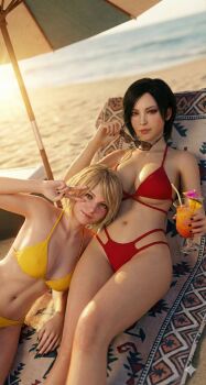 2girls 3d absurdres ada_wong ashley_graham bikini blonde_hair breasts capcom commentary cuote4mikewhere english_commentary highres large_breasts looking_at_viewer multiple_girls navel resident_evil resident_evil_4 resident_evil_4_(remake) short_hair swimsuit v