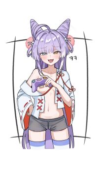 1girl absurdres ahoge bandaid bandaids_on_nipples black_shorts blue_eyes blush breasts collarbone commentary_request cone_hair_bun controller cropped_legs duda_(duda1) fang game_controller hair_bun hand_on_own_hip hand_up heterochromia highres holding holding_controller holding_game_controller huge_ahoge korean_commentary long_hair long_sleeves looking_at_viewer medium_breasts micro_panties multicolored_hair navel no_bra off_shoulder open_clothes open_mouth open_shirt panties parted_bangs pasties purple_hair raised_inner_eyebrows see-through_clothes see-through_shorts shirt short_shorts shorts simple_background smile solo standing stellive stomach straight-on streaked_hair striped_clothes striped_thighhighs tenko_shibuki thighhighs underwear very_long_hair virtual_youtuber white_background white_shirt wide_sleeves yellow_eyes