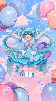 1girl :d aqua_hair balloon blue_dress blue_eyes blue_shoes brooch cloud commentary confetti diagonal-striped_clothes dress gem gloves hair_ribbon hatsune_miku highres jewelry layered_dress legs_up long_hair looking_at_viewer midair official_art open_mouth outstretched_arms puffy_short_sleeves puffy_sleeves ribbon shoes short_sleeves sky smile solo sparkle straight-on striped_clothes thighhighs twilight twintails very_long_hair vocaloid white_gloves white_thighhighs yufu_kyouko