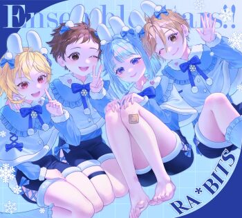 4boys animal_ears arm_around_shoulder asymmetrical_hair bandaid bandaid_on_leg barefoot blonde_hair blue_background blue_bow blue_bowtie blue_capelet blue_eyes blue_hair blue_shirt blue_shorts blunt_bangs blunt_ends bob_cut bow bow_shorts bowtie brown_eyes brown_hair capelet closed_mouth commentary_request copyright_name cross-laced_capelet cross-laced_clothes cross-laced_shorts dutch_angle ensemble_stars! fake_animal_ears frilled_shirt_collar frilled_socks frills fur-trimmed_capelet fur-trimmed_shorts fur-trimmed_sleeves fur_trim grid_background hair_between_eyes hair_intakes hand_on_another's_shoulder hand_on_lap hand_on_own_cheek hand_on_own_face hands_on_own_knees head_tilt heart highres knee_up kneeling korean_commentary l0im long_sleeves looking_at_viewer male_focus mashiro_tomoya multiple_boys nito_nazuna one_eye_closed open_mouth pink_eyes pom_pom_(clothes) rabbit_ears rabbit_tail rabbits_(ensemble_stars!) shino_hajime shirt short_bangs short_hair shorts sitting smile snowflake_ornament snowflakes socks tail tenma_mitsuru thigh_strap v waving white_socks