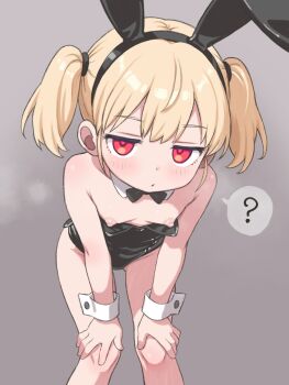 1girl ? animal_ears armpit_crease bare_arms bare_shoulders black_bow black_bowtie black_leotard blonde_hair bow bowtie breasts breasts_out collar detached_collar dot_nose fake_animal_ears grey_background hands_on_own_knees highres jitome leaning_forward legs_apart leotard light_blush loli looking_at_viewer medium_hair nattocurryumeee nipples original playboy_bunny rabbit_ears red_eyes solo speech_bubble standing steam straight_hair twintails white_collar white_wrist_cuffs wrist_cuffs