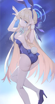 1girl :/ absurdres animal_ear_hairband animal_ears aqua_bow aqua_bowtie ass backless_leotard blonde_hair blue_archive blue_bow blue_eyes blue_hairband blue_halo blue_leotard bow bowtie braid breasts commentary_request detached_collar earpiece earrings expressionless fake_animal_ears fake_tail foot_out_of_frame from_behind hair_bow hairband half_up_braid halo high_heels highleg highleg_leotard highres jewelry kaminari_(edeath) large_breasts leotard long_hair long_sidelocks looking_at_viewer night night_sky playboy_bunny purple_bow rabbit_ear_hairband rabbit_ears rabbit_pose rabbit_tail sidelocks single_earring sky solo standing star_(sky) starry_sky starry_sky_background straight_hair strapless strapless_leotard tail thighhighs toki_(blue_archive) toki_(bunny)_(blue_archive) very_long_hair white_thighhighs white_wrist_cuffs wrist_cuffs