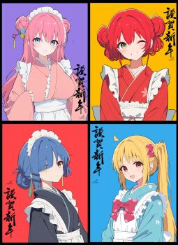 4girls black_border blonde_hair blue_eyes blue_hair blush bocchi_the_rock! border breasts chinese_commentary commentary_request cube_hair_ornament double_bun gotoh_hitori green_eyes hair_bun hair_ornament highres ijichi_nijika japanese_clothes kessoku_band kimono kita_ikuyo large_breasts long_hair looking_at_viewer minusk9 multiple_girls one_eye_closed open_mouth pink_hair red_eyes red_hair red_kimono short_hair side_ponytail sidelocks simple_background smile upper_body yamada_ryo yellow_background yellow_eyes