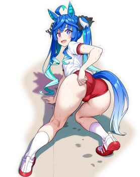 1girl @_@ absurdres ahoge animal_ears ass bent_over blue_eyes blue_hair blue_tail blush buruma commentary_request from_side fuji_musume full_body gradient_hair gradient_tail gym_shirt hair_between_eyes highres horse_ears horse_girl horse_tail kneepits long_hair looking_at_viewer multicolored_hair open_mouth pink_eyes red_buruma sharp_teeth shirt shoes short_sleeves skindentation smile socks solo sweatdrop tail teeth thighs twin_turbo_(umamusume) twintails umamusume upper_teeth_only uwabaki white_shirt white_socks
