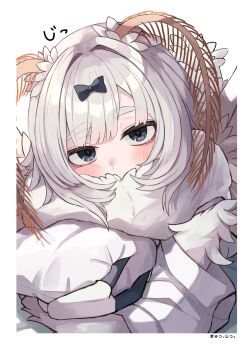 1girl abdomen_tail antennae arthropod_girl black_bow black_eyes body_fur border bow cheek_press commentary_request compound_eyes covered_mouth fewer_digits hair_bow highres hugging_object insect_girl kaiko-chan_(planhaplalan) looking_at_viewer lying monster_girl moth_antennae moth_girl neck_fur off-shoulder_shirt off_shoulder on_stomach original pillow pillow_hug plan_(planhaplalan) portrait shirt short_hair solo thick_eyebrows white_background white_border white_fur white_hair white_shirt