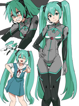 Rule 34 | 1girl, aqua eyes, aqua hair, bodysuit, breasts, closed mouth, hair between eyes, hair ornament, hatsune miku, highres, interface headset (evangelion), long hair, looking at viewer, mecha pilot suit, neck ribbon, neon genesis evangelion, nintendo, open mouth, plugsuit (evangelion), pokemon, project voltage, red ribbon, ribbon, school uniform, shirt, short sleeves, simple background, skirt, smile, solo, tenten (chan4545), tokyo-3 middle school uniform, twintails, very long hair, vocaloid, white shirt