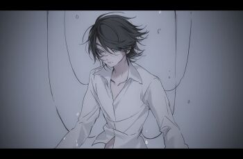 1boy black_hair bubble closed_mouth collarbone collared_shirt expressionless green_eyes grey_background hair_between_eyes hanaseto highres kamen_rider kamen_rider_w letterboxed long_sleeves male_focus open_collar philip_(kamen_rider) shirt short_hair solo upper_body variant_set white_shirt