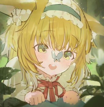 1girl :d animal_ear_fluff animal_ears arknights blonde_hair blue_hairband bug butterfly butterfly_on_nose commentary day fox_ears fox_girl frilled_hairband frills green_eyes hairband highres insect light_blush light_particles neck_ribbon open_mouth outdoors plant pwooka21 red_ribbon ribbon smile solo suzuran_(arknights) suzuran_(spring_praise)_(arknights) teeth upper_body upper_teeth_only