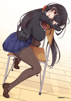 1girl alternate_breast_size_(larger) black_hair black_jacket black_pantyhose blazer blue_skirt breasts chair commentary date_a_live english_commentary hair_over_one_eye jacket large_breasts legs long_bangs long_hair long_sleeves looking_at_viewer neck_ribbon on_chair open_mouth pantyhose pleated_skirt raizen_high_school_uniform red_eyes red_ribbon ribbon school_chair school_uniform shadow sitting sitting_backwards skirt smile solo tokisaki_kurumi twintails virus-g