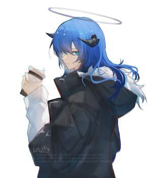 1girl aqua_eyes arknights black_horns black_jacket blue_hair chromatic_aberration closed_mouth drink fur-trimmed_hood fur_trim grey_halo hair_between_eyes haki_penguin halo highres holding holding_drink hood hood_down hooded_jacket horns jacket long_hair looking_at_viewer mostima_(arknights) simple_background smile solo traditional_halo upper_body watermark white_background
