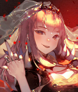 1girl black_cape black_dress black_nails breasts brown_eyes cape cleavage commentary_request cropped dress duplicate finger_tattoo grey_background hand_up hololive hololive_english jewelry kawacy large_breasts long_hair looking_at_viewer medium_breasts middle_finger mori_calliope mori_calliope_(1st_costume) nail_polish parted_lips pink_eyes pink_hair see-through_clothes short_sleeves simple_background smile solo spikes tattoo tiara upper_body veil very_long_hair virtual_youtuber wide_sleeves