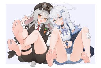 2girls absurdres animal_ears bare_legs barefoot black_hat black_jacket blue_eyes character_request commentary_request copyright_request crossed_legs feet hair_ornament hairclip hat highres jacket long_hair looking_at_viewer multiple_girls no_shoes open_mouth panties shirt skirt soles toes underwear white_hair white_panties white_shirt wl217_(nicexa111) yellow_eyes