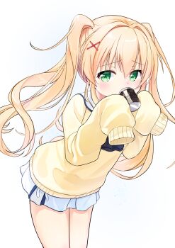 1girl absurdres blonde_hair commentary cowboy_shot cup disposable_coffee_cup disposable_cup drinking green_eyes hair_intakes hair_ornament highres holding holding_cup leaning_forward long_hair long_sleeves looking_at_viewer miniskirt miraikanai school_uniform sidelocks simple_background skirt sleeves_past_fingers sleeves_past_wrists solo summer_pockets summer_pockets_school_uniform sweater tsumugi_wenders two_side_up white_background white_skirt x_hair_ornament yellow_sweater