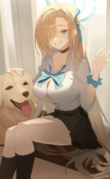1girl absurdres aqua_bow aqua_bowtie asuna_(blue_archive) asuna_(school_uniform)_(blue_archive) asymmetrical_bangs black_choker black_skirt black_socks blonde_hair blue_archive bow bowtie breasts button_gap choker feet_out_of_frame golden_retriever hair_over_one_eye halo highres kneehighs large_breasts long_hair looking_at_viewer loose_bowtie one_eye_covered school_uniform scrunchie sitting skirt skirt_rolled_up socks solo straight_hair szai very_long_hair wrist_scrunchie