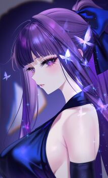 1girl 707arisu blue_bow blue_dress blunt_bangs bow breasts bug butterfly commentary dress fern_(sousou_no_frieren) glowing_butterfly hair_bow halter_dress halterneck highres insect large_breasts long_hair looking_at_viewer parted_lips ponytail purple_eyes purple_hair sideboob sidelocks sleeveless sleeveless_dress solo sousou_no_frieren straight_hair upper_body