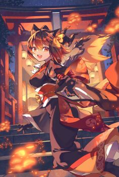 Rule 34 | 1girl, absurdres, black kimono, bow, brown hair, fire, highres, japanese clothes, kimono, kuuron (moesann17), lantern, large bow, mille (p&amp;d), multicolored hair, night, open mouth, orange hair, orange kimono, puzzle &amp; dragons, short hair, smile, solo, temple, two-tone hair, yellow eyes