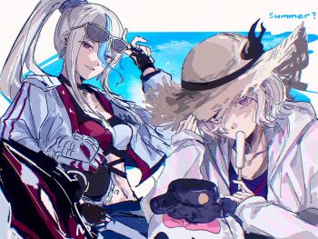 1boy 1girl alternate_costume black_choker blue_background blue_hair blue_pants blue_shirt breasts choker colored_eyelashes commentary crop_top earrings english_text eyelashes eyes_visible_through_hair eyewear_on_head facial_mark food food_in_mouth hair_between_eyes hair_over_one_eye hat helmet heterochromia holding holding_food holding_popsicle holding_unworn_helmet hoop_earrings jacket jewelry long_hair long_sleeves looking_at_viewer medium_breasts mero_(merope_hika) multicolored_hair navel pants ponytail popsicle popsicle_in_mouth purple_eyes red_eyes shion_(hundred_line) shirt smile straw_hat streaked_hair sunglasses the_hundred_line_-last_defense_academy- unworn_headwear unworn_helmet v'ehxness white_eyes white_hair white_jacket