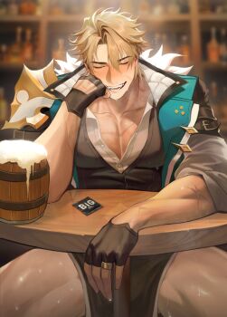 1boy alcohol armor beer black_gloves black_shorts black_vest blonde_hair blurry blurry_background blush closed_eyes coat collarbone collared_shirt commentary condom cross_scar drunk fangs fingerless_gloves fur-trimmed_coat fur_trim genshin_impact gloves green_coat half_gloves head_rest highres male_focus nipple_bar nipple_piercing pauldrons pectoral_cleavage pectorals piercing scar scar_on_arm scar_on_chest scar_on_face shirt short_hair shorts shoulder_armor single_pauldron sitting solo sweat table tankard teeth used_condom uyouu19 varka_(genshin_impact) vest white_shirt wooden_table