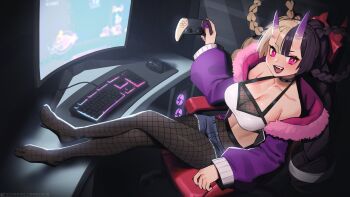 1girl :d ayaka_(charismabard) bare_shoulders black_choker black_pantyhose black_shorts borrowed_character braid braided_hair_rings breasts chair choker collarbone commentary commission computer_keyboard computer_mouse controller crossed_legs curved_monitor cutoffs english_commentary fang feet_on_table fishnet_pantyhose fishnets fur_trim game_controller gaming_chair hair_between_horns hair_rings highres holding holding_controller holding_game_controller horns indoors jacket large_breasts long_hair long_sleeves looking_at_viewer lowleg lowleg_shorts monitor multicolored_hair nail_polish no_shoes off_shoulder open_clothes open_jacket open_mouth original pantyhose pantyhose_under_shorts pink_eyes purple_nails short_shorts shorts sitting smile solo split-color_hair swivel_chair tostantan two-tone_hair wireless_game_controller