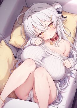 1girl absurdres ahoge ass barefoot black_ribbon breasts cameltoe cleavage collar collarbone commentary_request couch cushion e-note fish_hair_ornament hair_ornament hair_ribbon hair_rings highres huge_nipples long_hair long_sleeves looking_at_viewer lying on_back oppai_loli original panties parted_lips ribbed_sweater ribbon solo sweater thighs underwear white_hair white_panties white_sweater yellow_eyes