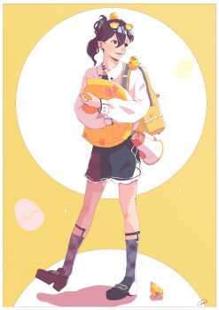 1girl absurdres baby_animal bag bird black_eyes black_shoes black_shorts border chick collared_shirt commentary_request double-parted_bangs full_body grey_socks hair_between_eyes highres holding holding_stuffed_toy jewelry long_bangs long_sleeves looking_to_the_side medium_hair megaphone neck_tattoo open_mouth original plaid_clothes plaid_socks ponytail purple_hair ring shadow shirt shoes shorts shoulder_bag signature smile socks solo stuffed_animal stuffed_toy tattoo turning_head two-tone_background walking white_border white_shirt yasi_irasuto