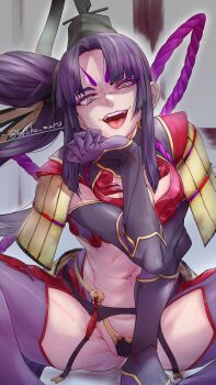 1girl absurdres armor black_hair black_hat black_thighhighs breasts cleavage facial_mark fate/grand_order fate_(series) forehead_mark garter_belt hair_bun hat highres japanese_armor kote long_hair long_sleeves looking_at_viewer medium_breasts multicolored_eyes navel open_mouth orange_eyes parted_bangs purple_eyes purple_lips revealing_clothes shoulder_armor side_ponytail sidelocks single_side_bun smile sode solo spread_legs squatting suneate taira_no_kagekiyo_(fate) tassel thighhighs torichamaru ushiwakamaru_(fate) very_long_hair