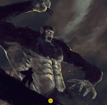 1boy 1other abs beast_titan hand_up monkey open_mouth pointy_ears red_eyes shimhaq shingeki_no_kyojin titan_(shingeki_no_kyojin) upper_body zeke_yeager