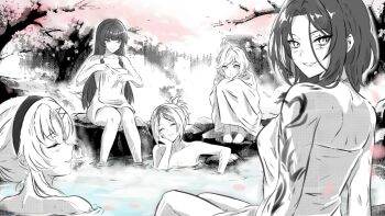 Rule 34 | alice (bubblebebe), arm tattoo, breasts, bubblebebe, bubblebebe (artist), cherry blossoms, eve (bubblebebe), greyscale, head on hand, indie virtual youtuber, jenni (bubblebebe), long hair, mole, mole on breast, monochrome, naked towel, onsen, rei (bubblebebe), scar, scar across eye, scar on face, tattoo, towel, wolf cut