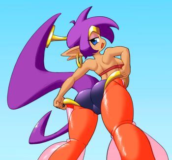 1girl adjusting_clothes arabian_clothes ass back bandeau bare_shoulders big_hair blue_background blue_eyes breasts cameltoe circlet dark-skinned_female dark_skin earrings eyeshadow from_behind from_below harem_pants highres hoop_earrings jewelry large_breasts long_hair looking_at_viewer looking_back makeup medium_breasts minuspal naughty_face open_mouth pants pointy_ears ponytail purple_hair red_bandeau red_pants see-through_clothes shantae shantae_(series) sideboob smile solo tiara underwear very_long_hair
