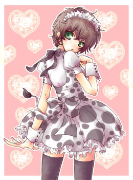 Rule 34 | 00s, 1girl, alternate costume, animal print, bad id, bad pixiv id, brown hair, code geass, cow print, cow tail, crossdressing, crossdressing (ftm), crossdressing (mtf), dress, enmaided, female focus, green eyes, kururugi suzaku, maid, maid headdress, male focus, muu, solo, tail, thighhighs, trap