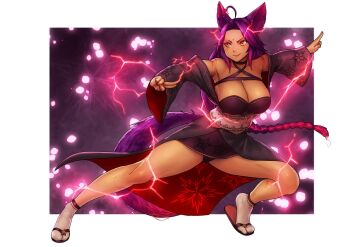 1girl ahoge animal_ears armpits arms_up bare_shoulders bindi black_skirt border borrowed_character braid braided_ponytail breasts brown_eyes cleavage erkaz full_body iori_(ryushiko) large_breasts lightning long_hair original purple_hair sandals skirt smile socks solo tail very_long_hair white_border white_socks