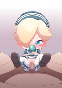 1boy 1girl baby_rosalina blonde_hair blue_eyes blush_stickers censored gradient_background hair_over_one_eye hat highres loli looking_at_viewer mario_(series) mario_kart miyasaka_takaji mosaic_censoring nintendo pacifier pantyhose penis pov pov_crotch pussy rosalina sex shoes short_hair spread_legs sweat toddler toddlercon torn_clothes torn_pantyhose torso_grab vaginal white_pantyhose