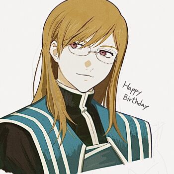 1boy birthday blue_jacket brown_hair closed_mouth commentary_request glasses grey_background hair_behind_ear happy_birthday high_collar jacket jade_curtiss light_smile long_hair male_focus meba red_eyes simple_background solo swept_bangs tales_of_(series) tales_of_the_abyss upper_body