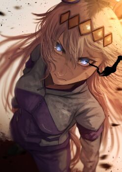 1girl animal_ears blue_eyes breasts closed_mouth commentary_request ear_ornament eye_trail grey_hair grey_tail hair_between_eyes hairband hasewo highres horse_ears horse_girl horse_tail jacket kasamatsu_tracen_training_uniform light_trail long_hair long_sleeves looking_at_viewer looking_up medium_breasts multicolored_hair multicolored_jacket oguri_cap_(umamusume) pants purple_jacket purple_pants purple_track_suit solo tail track_jacket track_pants track_suit two-tone_jacket umamusume umamusume:_cinderella_gray