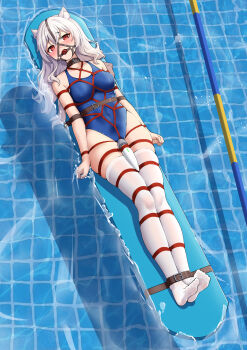 1girl absurdres animal_ear_fluff animal_ears artist_request ball_gag bdsm blush bondage bound bound_ankles bound_arms bound_breasts bound_calves bound_legs bound_thighs bound_torso bound_wrists breasts character_request collar collarbone covered_navel crotch_rope drooling female_focus floating forced_orgasm full_body gag gag_harness gagged highres hitachi_magic_wand lane_line legs_together long_hair lying medium_breasts no_shoes on_back on_water one-piece_swimsuit original pool red_eyes saliva saliva_trail school_swimsuit sex_toy shibari shibari_over_clothes skindentation soles solo strap surfboard swimsuit thighhighs vibrator white_hair white_thighhighs wiffle_gag