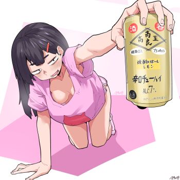1girl absurdres all_fours armpits assha_(schector) bags_under_eyes beer_can black_hair blush breasts can cleavage commentary_request drink_can drunk fingernails full_body hair_ornament hairclip highres holding holding_can looking_at_viewer nipple_slip nipples no_bra open_mouth original pink_background pink_shirt pink_shoes pink_shorts saliva sanpaku shirt shoes shorts solo thick_eyebrows white_background